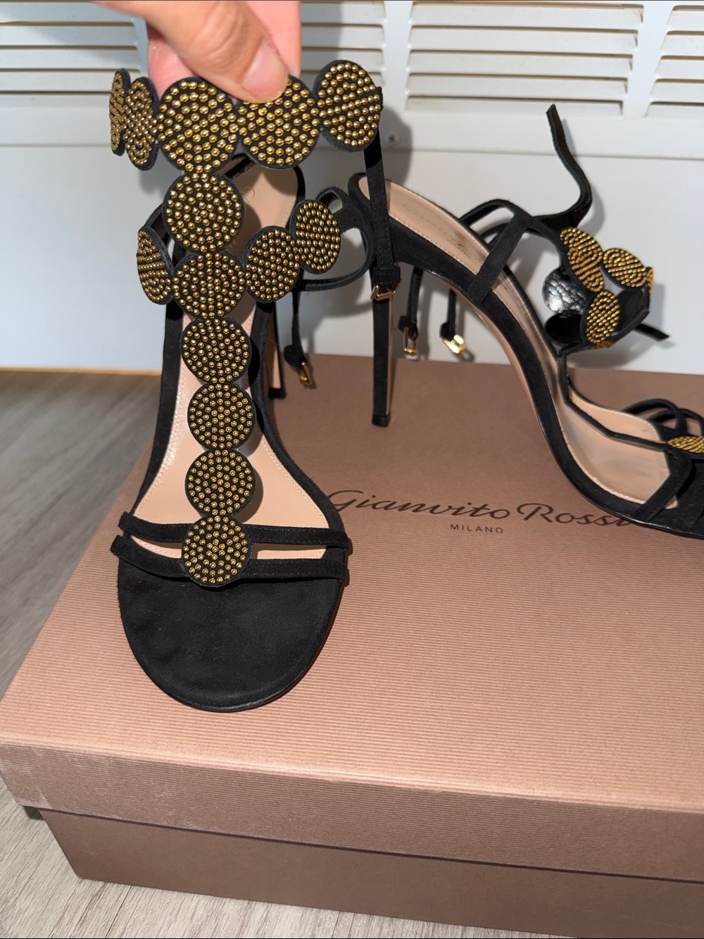 Gianvito Rossi Babylon Black Beaded Leather Heel Sandals - Picture 4 of 5